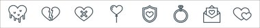 Aşk çizgisi simgeleri. Doğrusal küme. Kalp, harf, yüzük, koruma, balon, nefret, kırık kalp gibi kalite vektör çizgisi