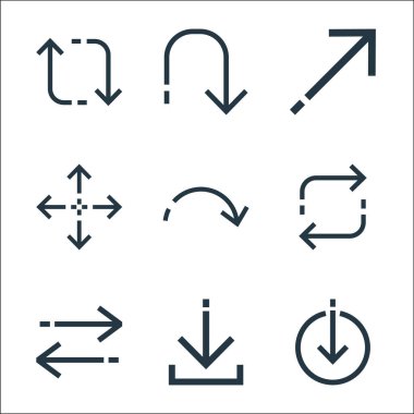 Ok çizgisi simgeleri. Doğrusal küme. Kalite vektör çizgisi indirme, doğrudan indirme, aktarma, tazeleme oku, sonraki, yeniden boyutlandırma, köşegen ok, dönüş gibi