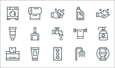 Hijyen çizgisi simgeleri. Doğrusal küme. Kaliteli vektör çizgisi: tuvalet, jilet, doku, duş, yüz köpüğü, diş macunu, havlu, deterjan, doku