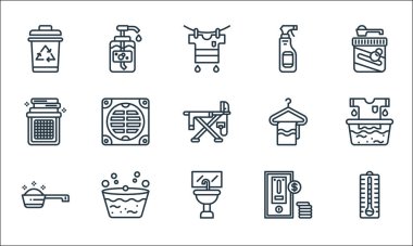 Çamaşır ipi simgeleri. Doğrusal küme. Sıcaklık, çamaşır leğeni, çamaşır deterjanı ölçme kaşığı, çamaşır makinesi, çamaşır yıkama, askı, sprey şişesi, sıvı sabun gibi kalite vektör dizileri