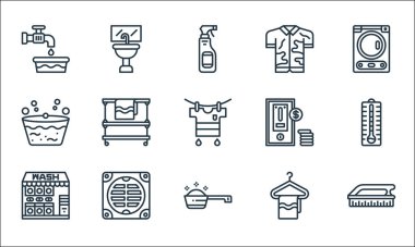Çamaşır ipi simgeleri. Doğrusal küme. Kaliteli vektör çizgisi: fırça, çamaşır deterjanı ölçme kaşığı, çamaşır servisi, askı, banyo, çamaşır makinesi, çamaşır makinesi, kirli gömlek, çamaşır leğeni.