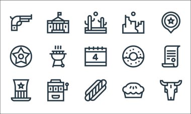 Amerika Birleşik Devletleri çizgi simgeleri. Doğrusal küme. Kaliteli vektör dizisi: Boğa kafatası, hot dog, ABD, elmalı turta, slot makinesi, Hollywood yıldızı, donut, Grand Canyon, Beyaz Saray