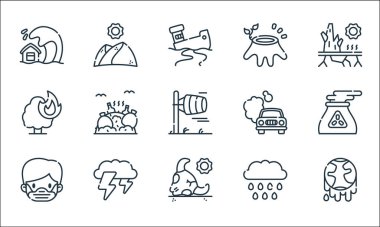 İklim değişikliği çizgisi simgeleri. Doğrusal küme. İklim değişikliği, boğa, tıbbi maske, yağmur, fırtına, yanan ağaç, birlikte, ormansızlaşma, çöl gibi kalite vektör çizgisi