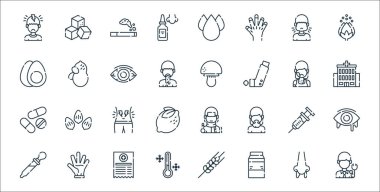 Alerji çizgisi simgeleri. Doğrusal küme. Doktor, süt, soğuk, göz damlası, iğne, kramp, hastane, mantar, fıstık gibi kalite vektör dizileri