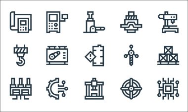 Üretim hattı simgeleri. Doğrusal küme. mikroişlemci, makine presi, fabrika, valf, ayarlar, kanca, matkap, güç baskısı, kontrol sistemi gibi kalite vektör çizgisi