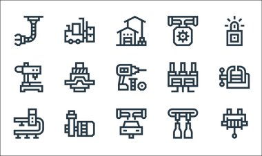 Üretim hattı simgeleri. Doğrusal küme. vinç, araba imalatı, taşıyıcı bant, taşıyıcı bant, pompa, sondaj makinesi, fabrika, forklift gibi kalite vektör çizgisi seti