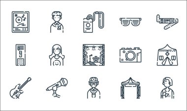 Müzik festivali simgeleri. Doğrusal küme. Müzik, güvenlik görevlisi, bas gitar, festival, mikrofon, klima, kamera, güneş gözlüğü, müzik gibi kalite vektör dizileri