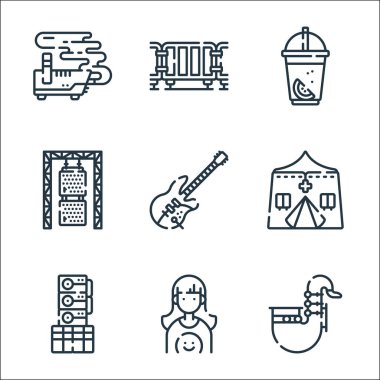 Müzik festivali simgeleri. Doğrusal küme. Saksafon, müzik, hoparlör, sağlık, bas gitar, hoparlör, limonata, çit gibi kalite vektör dizileri