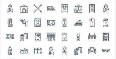 Müzik festivali simgeleri. Doğrusal küme. Güneş gözlüğü, VIP kartı, müzik, su şişesi, sahne, sanatçı, çöp kutusu, klima, mendil gibi kalite vektör dizileri