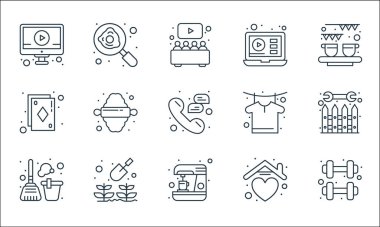 Ev çizgisi simgelerinde kalın. Doğrusal küme. Dambıl, kahve makinesi, temizlik, emlak, bahçıvanlık, iskambil kağıdı, tişört, çevrimiçi öğrenme, kızarmış yumurta gibi kalite vektör dizileri