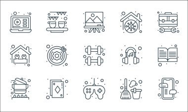 Ev çizgisi simgelerinde kalın. Doğrusal küme. Cep telefonu mesajı, oyun denetleyici, yemek tenceresi, temizlik, iskambil kağıdı, ev onarımı, müzik kulaklığı gibi kalite vektör dizileri, evde kal, kutlama yap