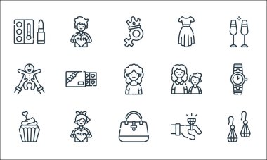 Anneler günü sembolleri. Doğrusal küme. Kaliteli vektör çizgisi küpe, el çantası, kek, elmas yüzük, küçük kız, bebek, anne ve oğul, elbise, küçük oğlan