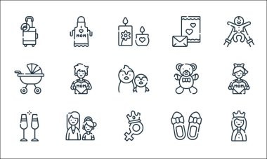 Anneler günü sembolleri. Doğrusal küme. Kraliçe, kadın, kokteyller, düz ayakkabılar, anne, bebek arabası, ayı, tebrik kartı, önlük gibi kalite vektör dizileri