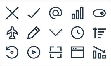 kullanıcı arayüzü satır simgeleri. Doğrusal küme. Diyagram, barkod, yeniden yükleme, web sitesi, oyun, uçak, saat, çubuk gibi kalite vektör dizileri