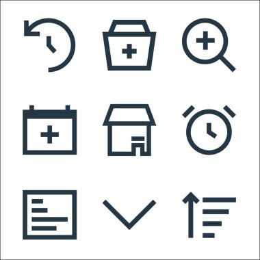 kullanıcı arayüzü satır simgeleri. Doğrusal küme. Filtre, ok aşağı, rapor, alarm, depolama, takvim, arama, toplama gibi kalite vektör çizgisi