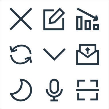 kullanıcı arayüzü satır simgeleri. Doğrusal küme. barkod, mikrofon, gece, e-posta, ok aşağı, tazeleme, diyagram, düzenleme gibi kalite vektör dizileri