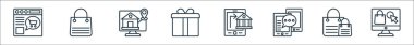 Alışveriş çizgisi simgeleri. Doğrusal küme. Çevrimiçi alışveriş, alışveriş poşetleri, mobil sohbet, mobil bankacılık, hediye, ecommerce, çanta gibi kalite vektör dizileri