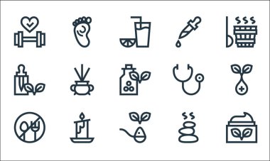 Alternatif tıp çizgisi simgeleri. Doğrusal küme. BB kremi, bitki, yiyecek yok, sıcak taşlar, mum, temel yağ, stetoskop, pipet, masaj gibi kalite vektör dizileri