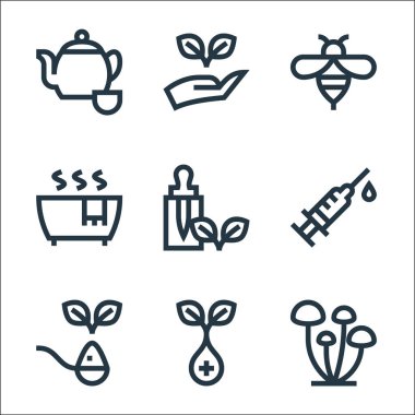 Alternatif tıp çizgisi simgeleri. Doğrusal küme. Mantar, bitki, bitki, şırınga, temel yağ, hidroterapi, arı, el gibi kalite vektör dizileri