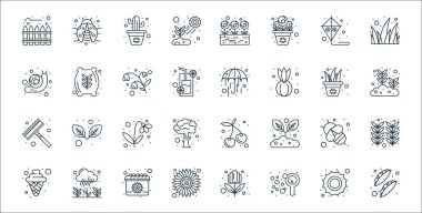 Bahar çizgisi simgeleri. Doğrusal küme. Bezelye, sabun, ayçiçeği, dondurma, arı, lale, büyüme, iyi hava, buğday unu gibi kalite vektör çizgisi
