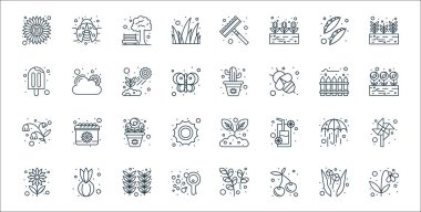 Bahar çizgisi simgeleri. Doğrusal küme. Lale, kiraz domatesi, sabun, çiçek, iyi hava, saksı, bitkiler, kaktüs, iyi hava gibi kalite vektör dizileri