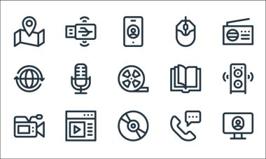 iletişim ve medya hattı simgeleri. Doğrusal küme. Monitör, müzik çalar, video kamera, saatler, tarayıcı, dünya, açık kitap, bilgisayar faresi, usb gibi kalite vektör dizileri