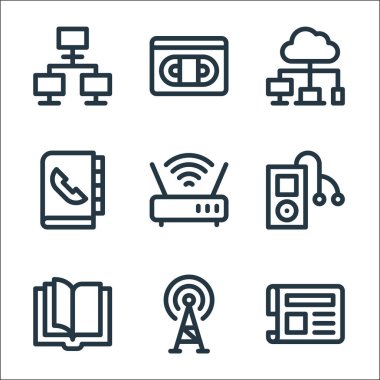 iletişim ve medya hattı simgeleri. Doğrusal küme. Haber, radyo anteni, açık kitap, müzik çalar, kablosuz ağ yönlendirici, iletişim kitabı, bulut bilgisayarı, vhs gibi kalite vektör dizileri