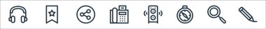 iletişim ve medya hattı simgeleri. Doğrusal küme. Yazar, arama, pusula, hoparlör, faks, paylaşım, yer imi gibi kalite vektör dizileri