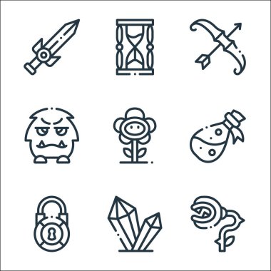 Video oyunu unsurları satır simgeleri. Doğrusal küme. Düşman, elmas, kilit, matara, çiçek, düşman, ok, kum saati gibi kalite vektör çizgisi
