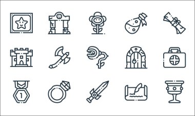 Video oyunu unsurları satır simgeleri. Doğrusal küme. Kase, kılıç, madalya, harf, elmas yüzük, kale, kapı, matara, kapı gibi kalite vektör çizgisi