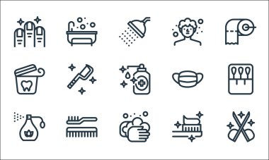 Kişisel hijyen çizgisi simgeleri. Doğrusal küme. Makas, el yıkama, parfüm, diş fırçası, tarak, diş ipi, yüz maskesi, saç yıkama, banyo gibi kalite vektör çizgileri.