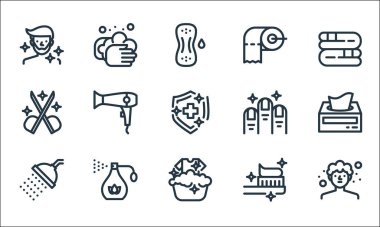 Kişisel hijyen çizgisi simgeleri. Doğrusal küme. Saç yıkama, çamaşır yıkama, duş, diş fırçası, parfüm, makas, tırnak, tuvalet kağıdı, el yıkama gibi kalite vektör dizileri