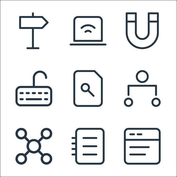 иконки линии школьного образования. линейное множество. набор векторных линий качества, таких как текстовый редактор, ноутбук, сети, иерархия, файл поиска, клавиатура, магнит, ноутбук