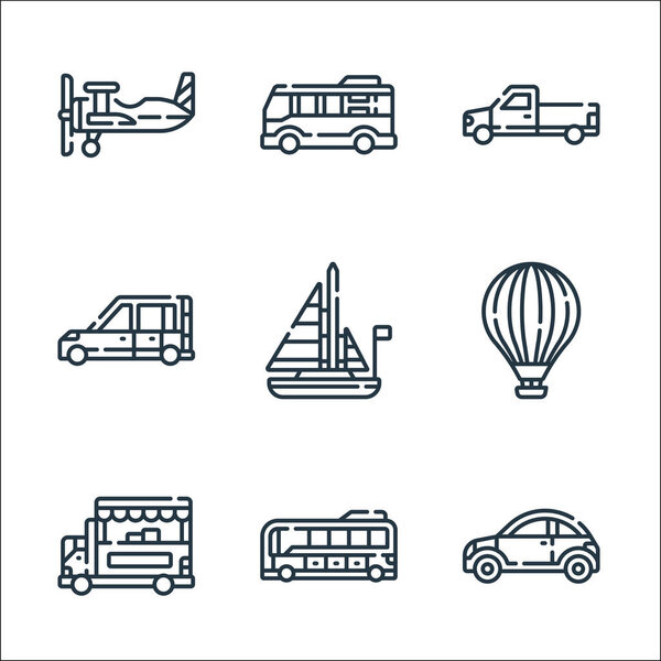 vehicles transports line icons. linear set. quality vector line set such as car, electric bus, food truck, hot air balloon, sailboat, car, pick up truck, minibus