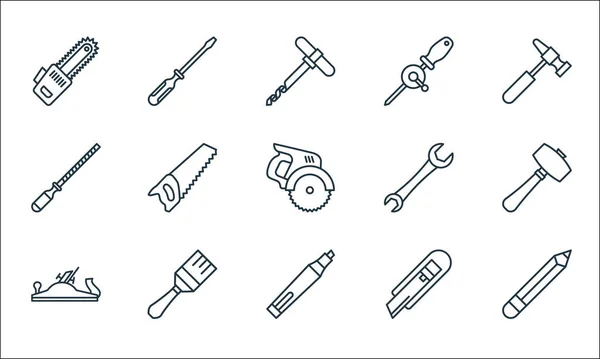 Tischlerzeilen Symbole Lineares Set Qualitätsvektorzeilen Set Wie Bleistift Marker Holzhobel — Stockvektor