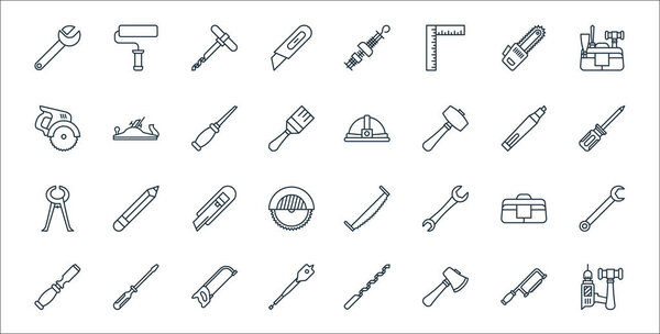 carpentry line icons. linear set. quality vector line set such as tools, axe, auger, chisel, bag, cutter, screwdriver, helmet, wood plane