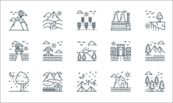 Doğa ve peyzaj çizgisi simgeleri. Doğrusal küme. Orman, dağlar, ağaç, ada, çiftlik evi, bungalov, kale, fabrika gibi kalite vektör çizgisi kümesi
