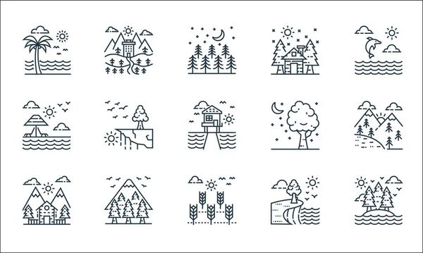 Doğa ve peyzaj çizgisi simgeleri. Doğrusal küme. Orman, buğday, ev, manzara, orman, sahil, ağaç, kulübe, otel gibi kalite vektör çizgisi kümesi