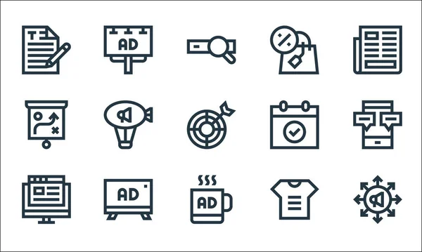 Symbole Der Anzeigenzeile Lineares Set Qualitätsvektorlinienset Wie Kampagne Merchandising Blog — Stockvektor