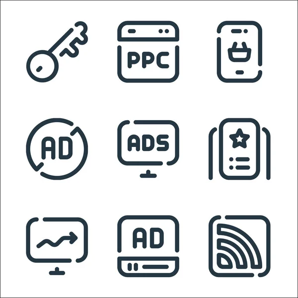 Symbole Für Digitale Marketinglinien Lineares Set Qualitätsvektorzeilensatz Wie Rss Videoanzeige — Stockvektor