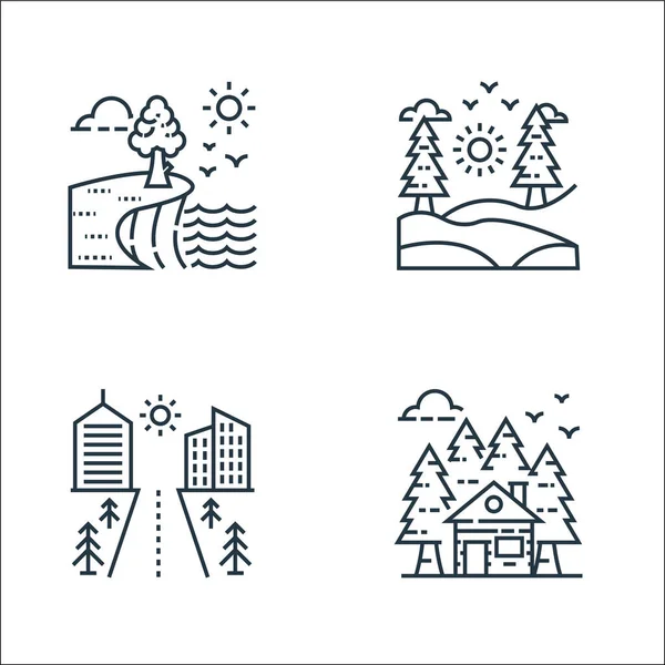 Iconos Línea Naturaleza Paisaje Conjunto Lineal Conjunto Línea Vectorial Calidad — Vector de stock