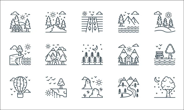 Iconos Línea Naturaleza Paisaje Conjunto Lineal Conjunto Línea Vectores Calidad — Vector de stock