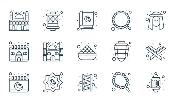 Islam Ramadán Iconos Línea Conjunto Lineal Conjunto Línea Vectorial Calidad — Vector de stock