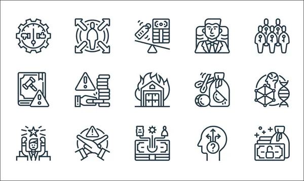 İş risk çizgisi simgeleri. Doğrusal küme. Finans, gider, başarı, belirsizlik, kısıtlama, hukuk, para kaybı, yürütme, karar gibi kalite vektör çizgisi