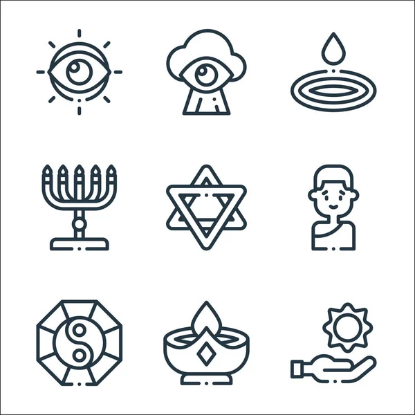 Spirituelle Zeilensymbole Lineares Set Qualitätsvektorzeilensatz Wie Sonne Kerze Taoismus Buddhismus — Stockvektor