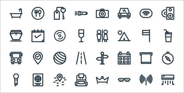 holiday line icons. linear set. quality vector line set such as air conditioning, spectacles, backpack, microphone, towel, world wide web, coffee cup, public toilet, calendar
