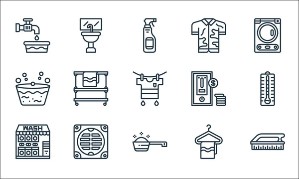 Wäscheleine Symbole Lineares Set Qualitätsvektorleitungsset Wie Peeling Waschmittel Messlöffel Wäscheservice — Stockvektor