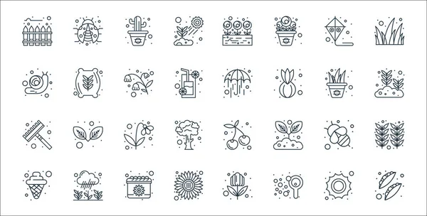 Bahar çizgisi simgeleri. Doğrusal küme. Bezelye, sabun, ayçiçeği, dondurma, arı, lale, büyüme, iyi hava, buğday unu gibi kalite vektör çizgisi