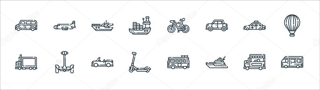 vehicles transports line icons. linear set. quality vector line set such as van, yatch, kick scooter, delivery truck, police car, speedboat, bicycle, airplane