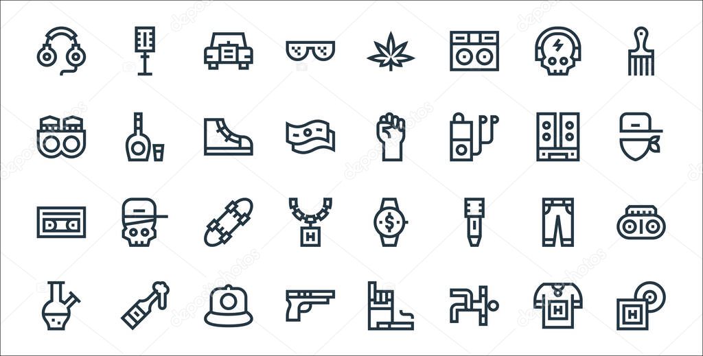 hip hop line icons. linear set. quality vector line set such as lp, hip hop, gun, bong, pants, skateboard, rap, fist, whiskey